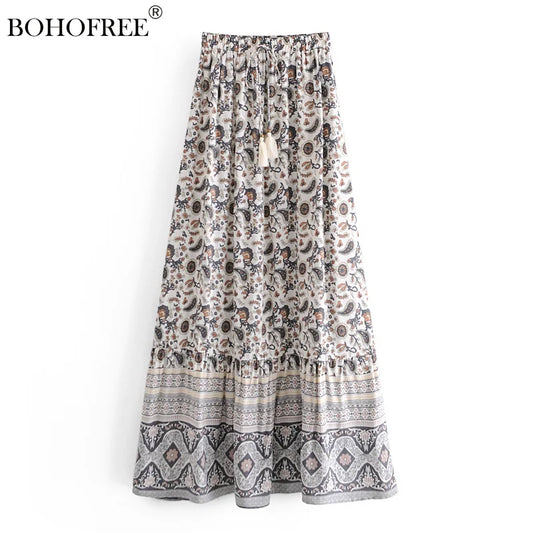 Bohemian Floral Hippie Fadal Casual Beachwear Rayon Cotton Tassel Maxi Skirts Women&#39;s Skirt