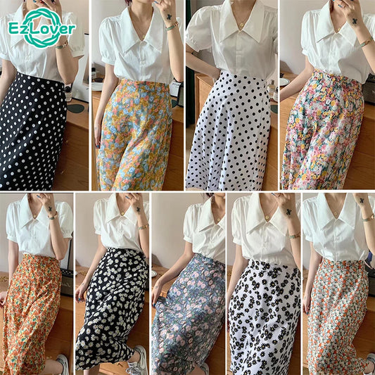 White Dots Floral Print Midi Skirt Women Elastic High Waist Side Pockets Skirts Summer 2022 Elegant Female Bottom